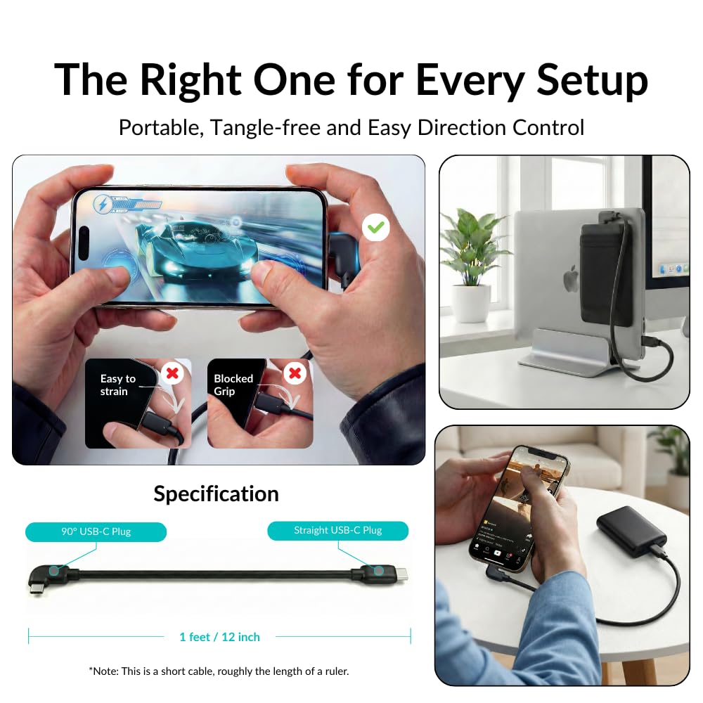 Short 1ft Silicone USB-C Cable with Right-Angle Plug, 20Gbps - Image 6